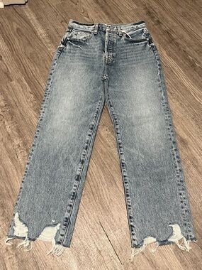 pistola Light Blue High-Rise Straight Leg Jeans with Distressed Hem